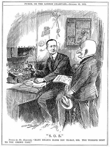 Mr Punch thanking Marconi for wireless telegraphy which was saving lives at sea. Leonard Raven-Hill cartoon from Punch, London, 22 October 1913