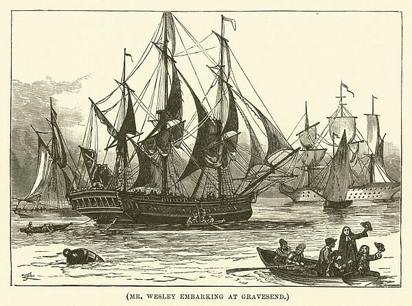 Mr Wesley embarking at Gravesend (engraving)