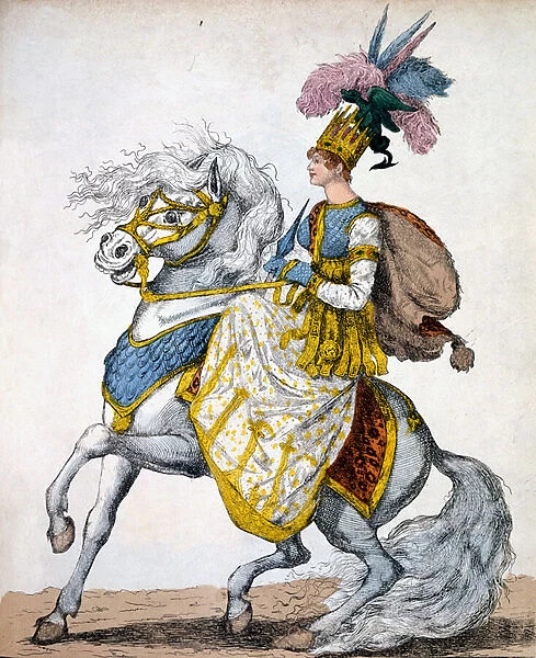 Mrs Johnston in the Melodrama of Timour the Tartar, 1811 (coloured engraving)