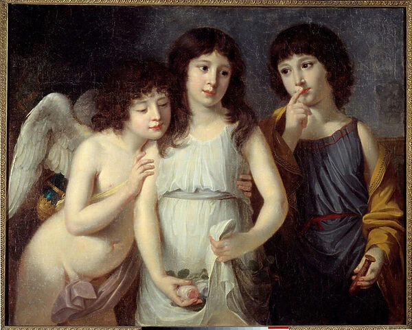 Mrs. Langloiss children. An angel accompanies the two children. Each of them holds an object symbolizing their sex: a rose for the girl and a seal on a sleeve for the young boy. Painting by Robert Lefevre (1755-1830), 19th century