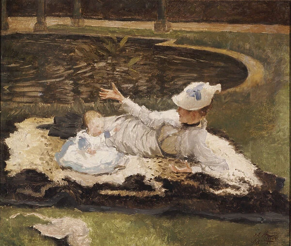 Mrs. Newton with a child by a pool (oil on canvas)