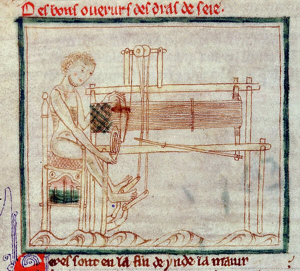 Ms 0. 9. 34 fol. 32v Treadle Loom, from Romance of Alexander, 1250 (vellum)