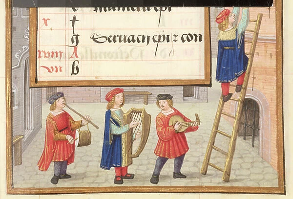 Ms 1058-1975 f. 5r Musicians in a cobbled street, detail from illuminated calendar page