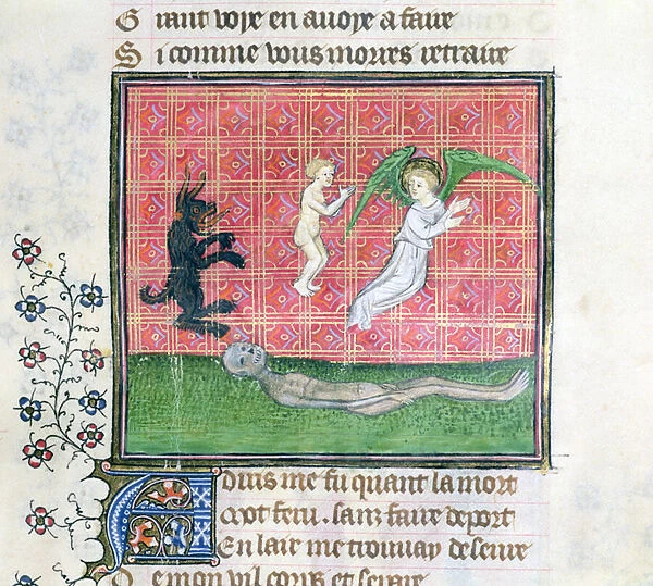 Ms 1130 Soul leaving the body accompanied by an angel, miniature from Le Livre des Proprietes des Choses by Barthelemy l Anglais (vellum)