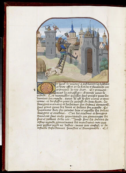 Ms. 165 f. 51v: Soldier with shield and sword climbing a scaling ladder