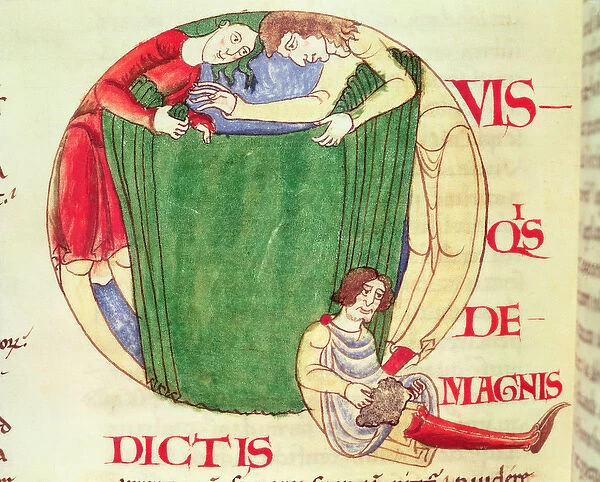 Ms 173 fol. 92v Historiated initial Q depicting drapers