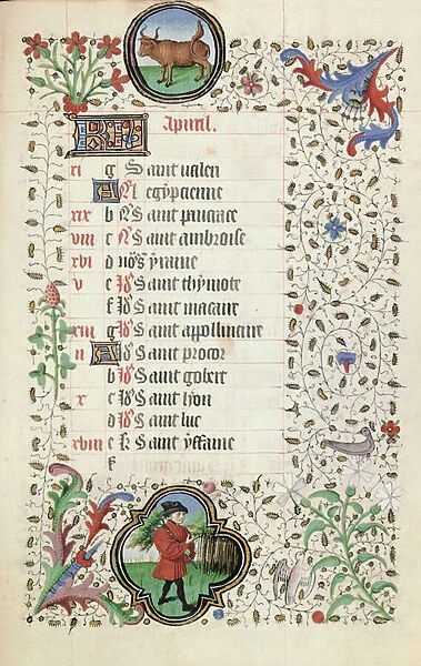 Ms 19 April: Taurus and a man carrying a branch, from a Book of Hours