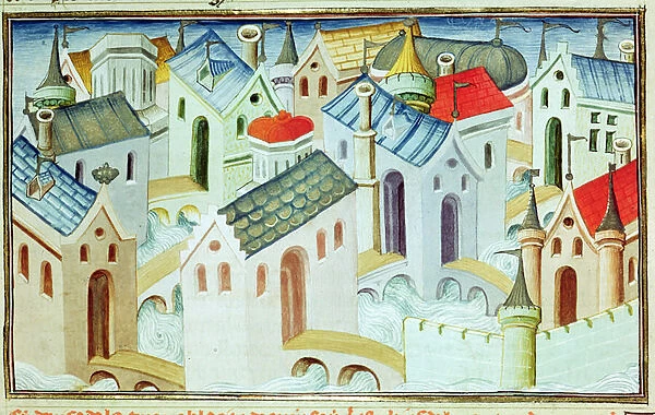 Ms 2810 f. 67, The city of Kinsai, from the Livre des Merveilles du Monde, c
