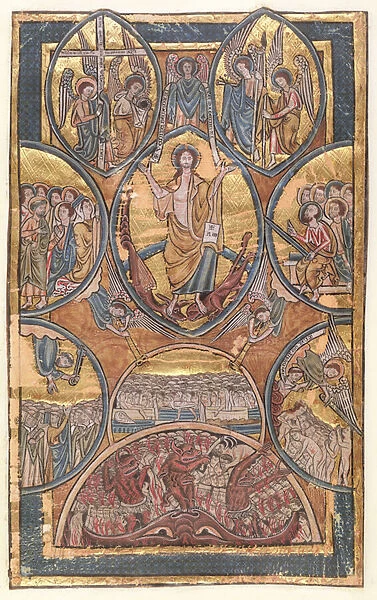Ms 330 f. 3 The Last Judgement with self portrait of the illuminator rescued by his