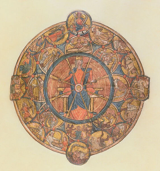 Ms. 330 f4 The Wheel of Fortune and the Story of Theophilus, illustrated by William de Brailes, c. 1240, leaf from an English Psalter