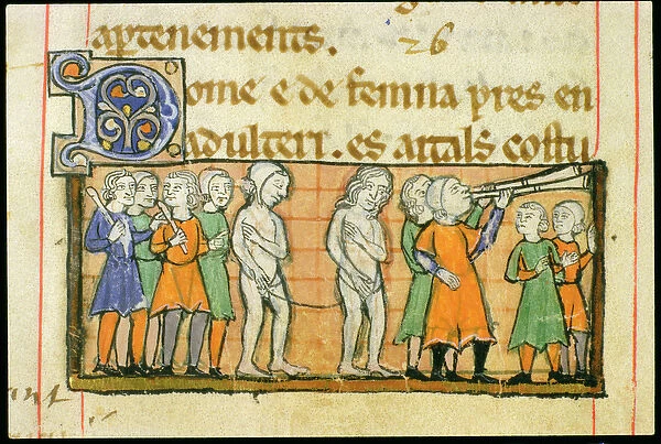 Ms 41 f. 42v Punishment of two adulterers by nude procession through the town