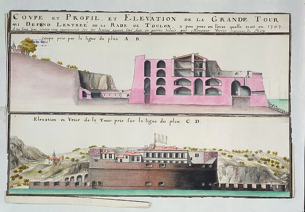 Ms 508  /  131 K fol. 107 Cross-section and elevation of the harbour tower at Toulon