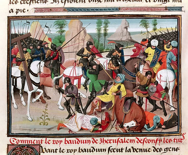 Ms 5089-90 The Battle between King Baldwin I (c. 1058-1118) and the Turks, from Chroniques des empereurs by David Aubert, 1462 (vellum)