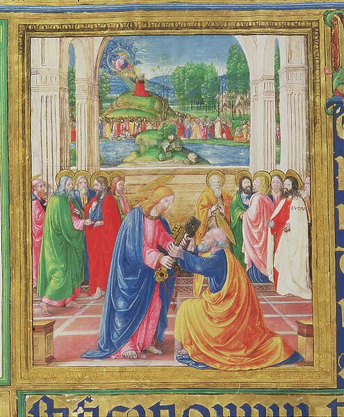 Ms 542 f. 3v Christ giving the keys to St. Peter, in the background God delivers