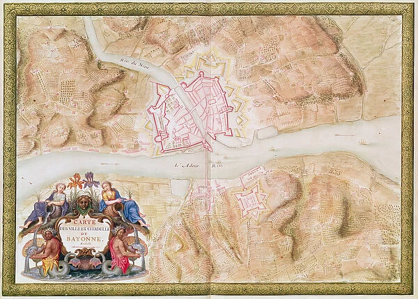 Ms 988 tome 3 fol. 45 Plan and map of the town and citadel of Bayonne, from the Atlas