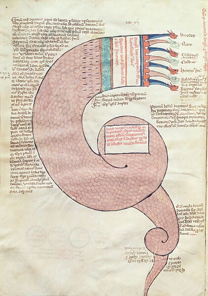 ms. ASPi, C. M 15, c. 3v Page of text with an apocalyptic dragon, from Liber Figurarum e le Proemisssiones Gioachimitiche by Joachim of Flora (c. 1132-1202) (vellum)