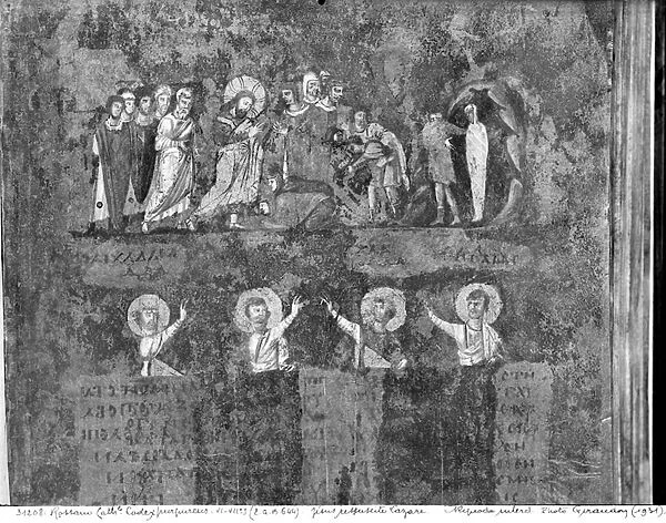 Ms EAB 664 The Raising of Lazarus, from the Codex Purpureus (vellum) (b  /  w photo)