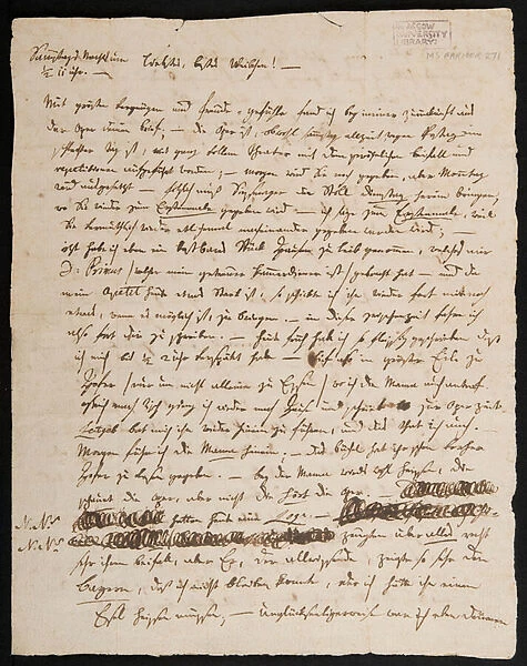MS Farmer 271  /  5 Letter of W. A. Mozart to his wife, Konstanze, 1791 (ink on paper), page 1