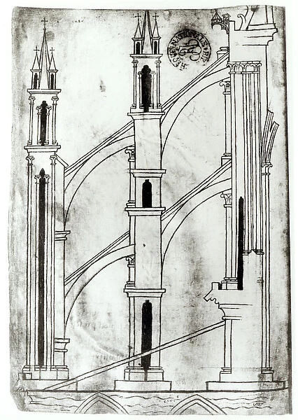Ms Fr 19093 f. 32v Section of the wall and arch of the absidial chapels of Reims Cathedral