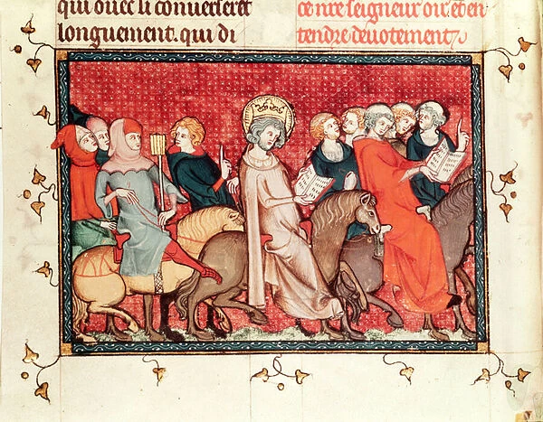 Ms Fr fol. 48 The king dictating his hours while riding a horse