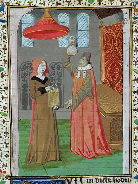 Ms H 7 fol. 164r A doctor examining St. Elizabeths urine to see if she is pregnant