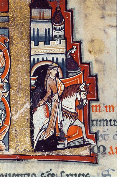 Ms Hunter 229 f. 3r Going Hawking, from the Hunterian Psalter, c. 1170 (pen & ink and tempera on vellum) (detail)