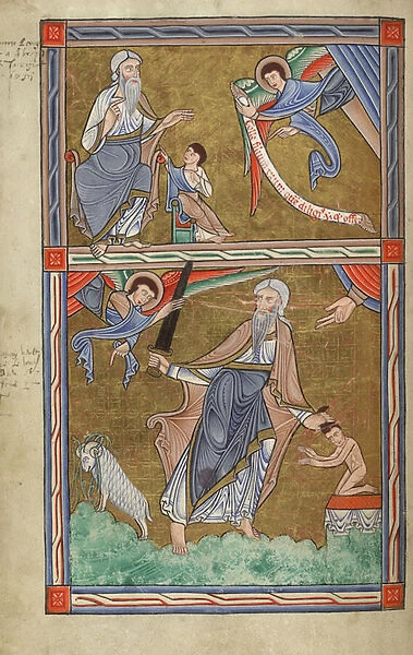 MS Hunter 229 f. 9v Angel ordering the sacrifice of Isaac and the Angel arresting the sacrifice of Isaac, from the Hunterian Psalter, c. 1170 (pen & ink, and tempera on vellum)