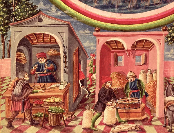 Ms Lat 209 fol. 6v Jupiter, detail of fruit and grain merchants, from De Sphaera