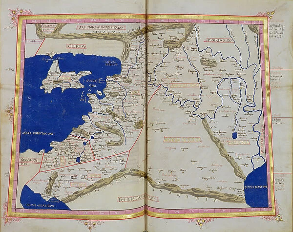 Ms Lat 463 f. 111v-112r Map of Phoenicia, Mesopotamia and Babylon (vellum)