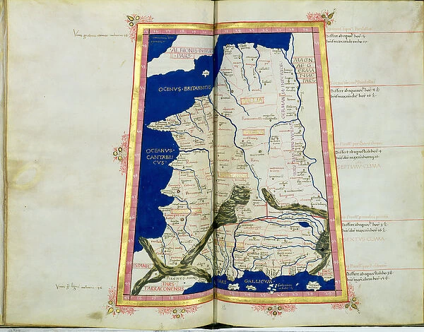 Ms Lat 463 fol. 81v-82r Map of Gaul, Belgium, Lyon and Aquitaine (vellum)