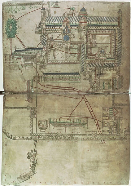 Ms R 171 f. 285 Plan of Canterbury Cathedral and the plumbing system, from the Eadwine Psalter, c. 1150 (vellum)