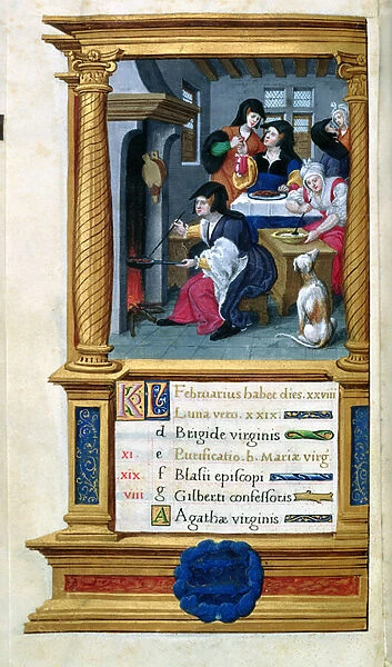 MS W449 fol. 3v February: Cooking and Feasting, c. 1525 (vellum)