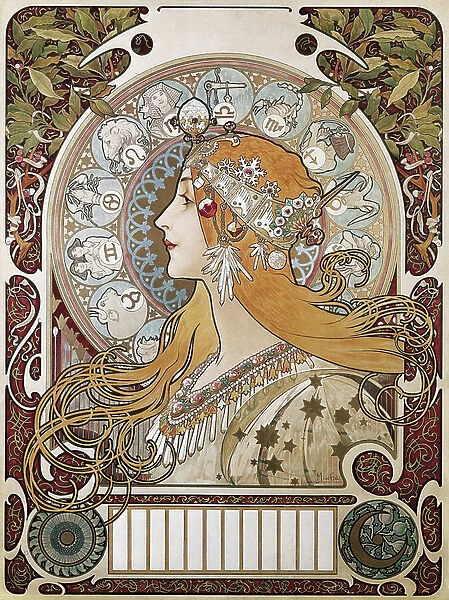 MUCHA, Alphonse Maria (1860-1939). Zodiac. 1896. (67 x 48 cm). Poster and calendar advertising the magazine 'La Plume' (The Feather). Modernism. Litography