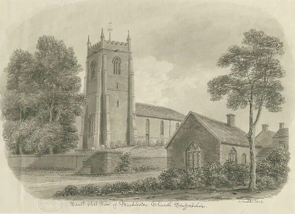 Mucklestone Church: sepia wash drawing, 1843 (drawing)