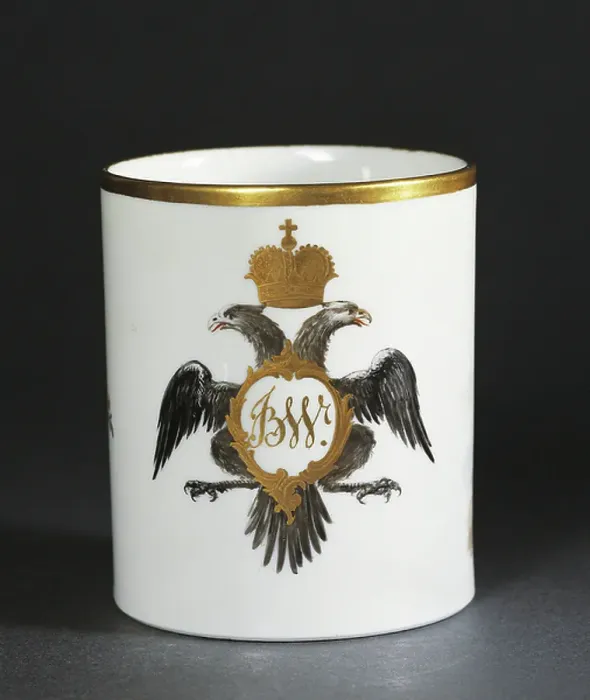 Framed Print : Mug decorated with a two-headed eagle and initials, 1785, ceramic, Nove manufacture, Bassano, Veneto. Italy, 18th century