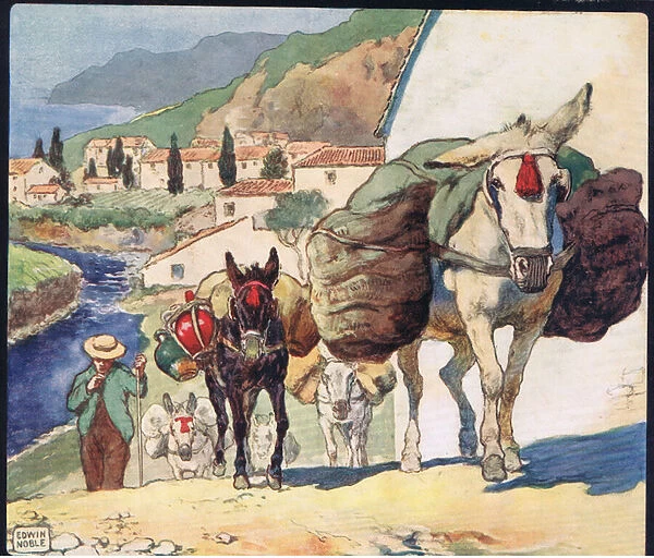 Mules on a Spanish pass, illustration from Helpers Without Hands by Gladys Davidson, published in 1919 (colour litho)