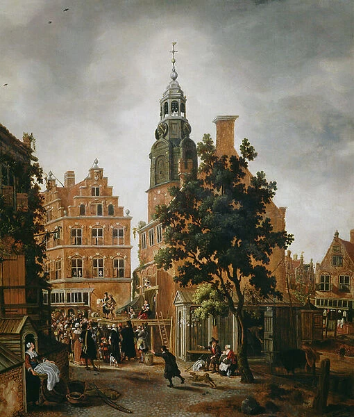 The Munt Tower with a Quack Praising his Merchandise, Amsterdam (oil on panel)