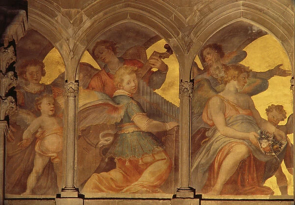 Musical angels within a trompe l oeil cloister, from the interior west facade (fresco