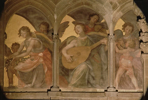 Musical angels within a trompe l oeil cloister, from the interior west facade (fresco
