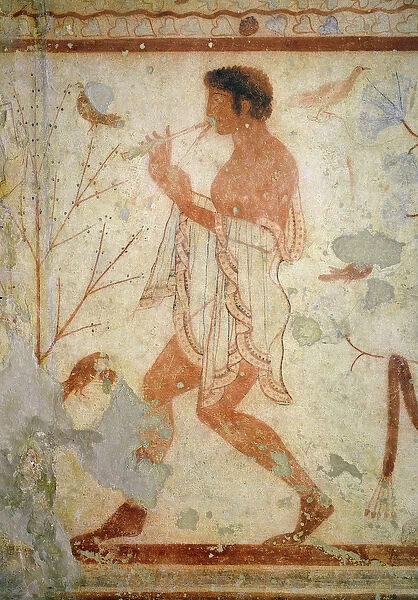 Musician playing a double flute, from the tomb of the triclinium, c
