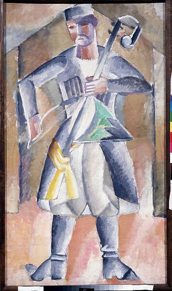 Musicien (Sas Musician) - Portrait d un musicien, en habit traditionnel, avec son instrument, une sorte de vielle verticale a deux cordes tendues, qui se joue avec un archet - Peinture de Mikhail Vasilyevich Le Dantyu (1891-1917)