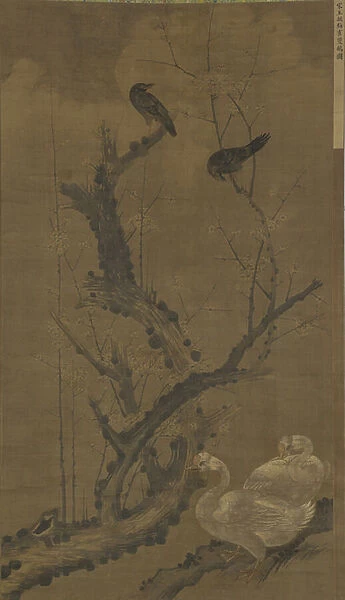 Mynahs, Geese, and Flowering Plum (ink and colour on silk)