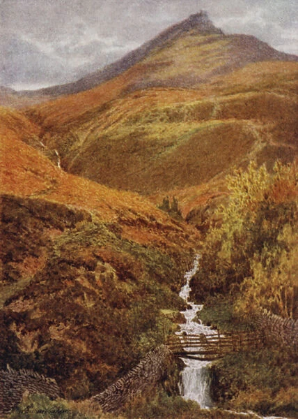 The Nab and Golden Clough from Grindslow Dell, Edale (colour litho)