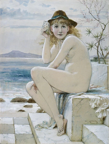 Naked girl sitting on a stone block, c. 1880 (colour lithograph)