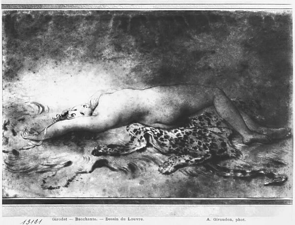 Naked young girl lying on an animal skin (stump & black pencil on paper) (b  /  w photo)