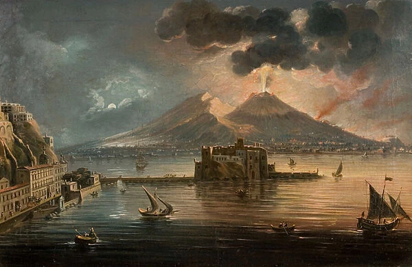 Naples at Night with Vesuvius Erupting (oil on canvas)