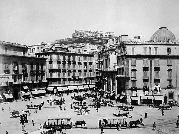 Naples: The Piazza San Fernando and the Castello Sant Elmo (b  /  w photo)