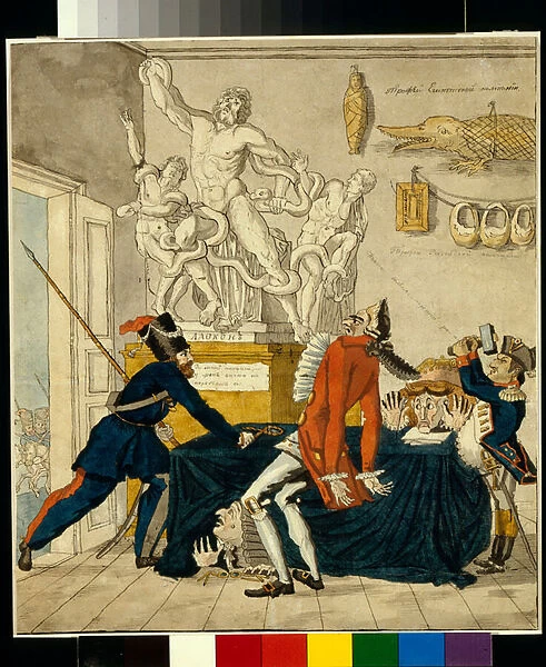 Napoleon Bonaparte (1769-1821) vend des biens voles, parmi eux le groupe du Laocoon - Caricature de Ivan Ivanovich Terebenev (1780-1815), encre et aquarelle sur papier, 1813, 28, 8x25