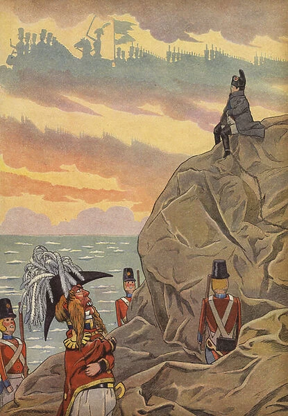 Napoleon at St Helena, guarded by the British (colour litho)