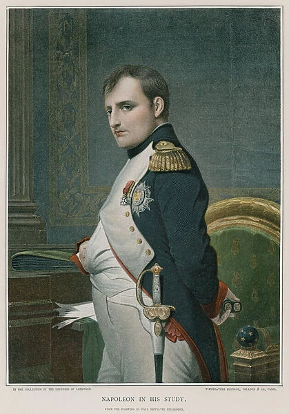 Napoleon in his study (colour litho)